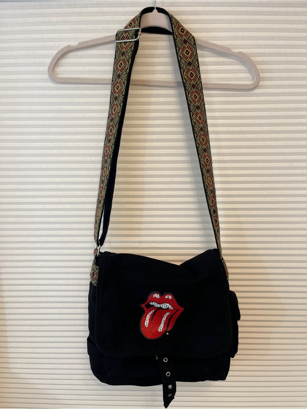 Vintage Rolling Stones Black Messenger Bag with boho printed guitar strap